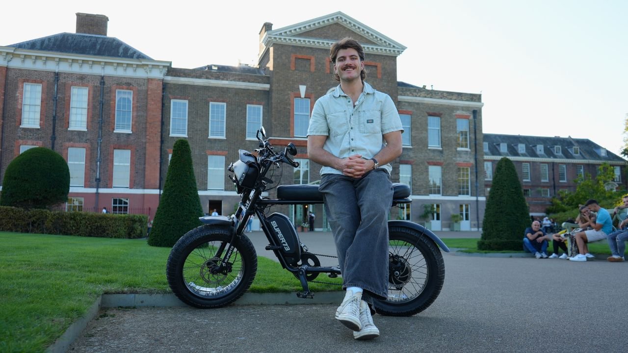 Solo traveller enjoying a premium Super73 e-bike tour through London's historic landmarks with FOF Bike Tours.